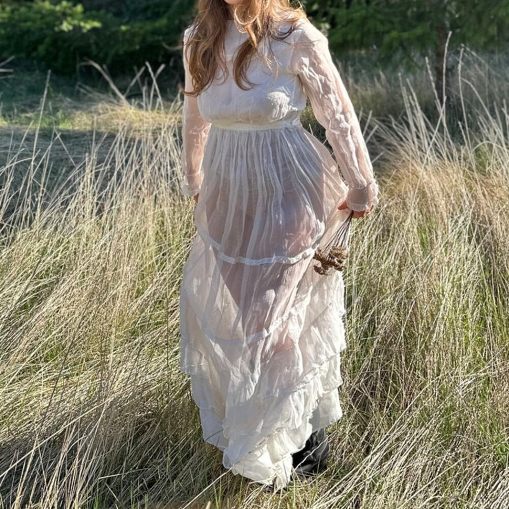 Women’s XXS Dress Sheer Lace Bridal Wedding Edwardian 1900s Vintage